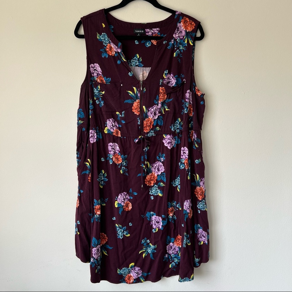 Torrid Mini Challis Zip-Front Shirt Dress Burgundy Floral Size 2